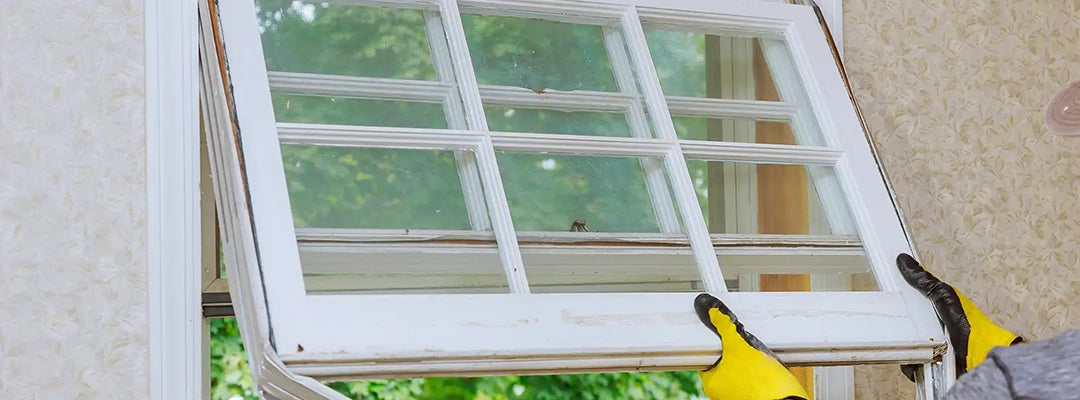 person in yellow gloves installing a new window