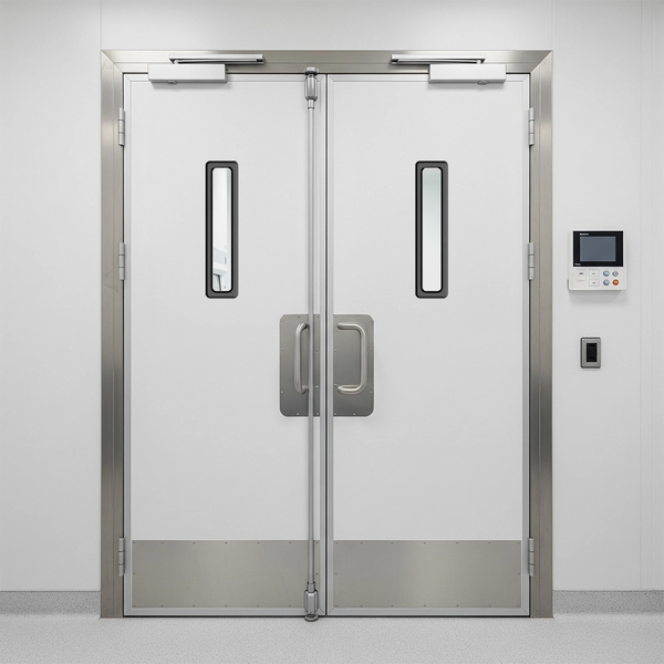 Double traffic doors with Garage Door Land 24" x 8" cleanroom windows, stainless steel hardware, and a control panel, suitable for commercial or sterile environments.