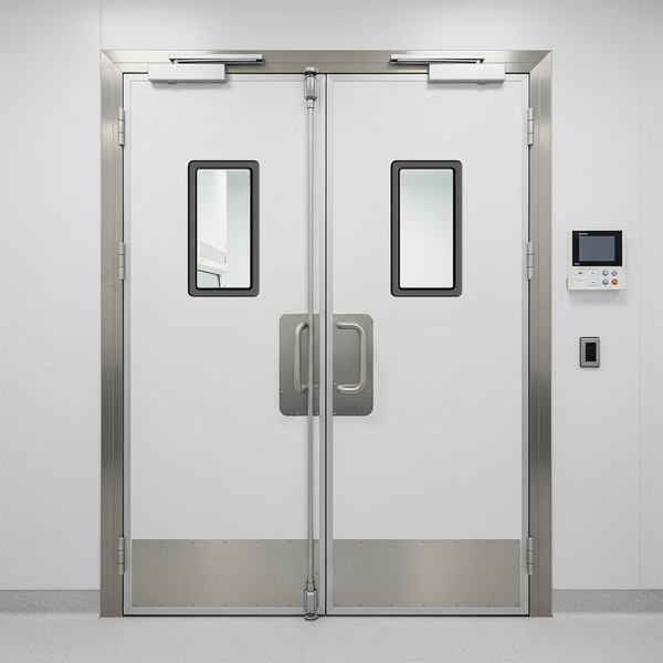 Double traffic doors with Garage Door Land 25" x 13" cleanroom windows, stainless steel hardware, and a control panel, suitable for commercial or sterile environments.