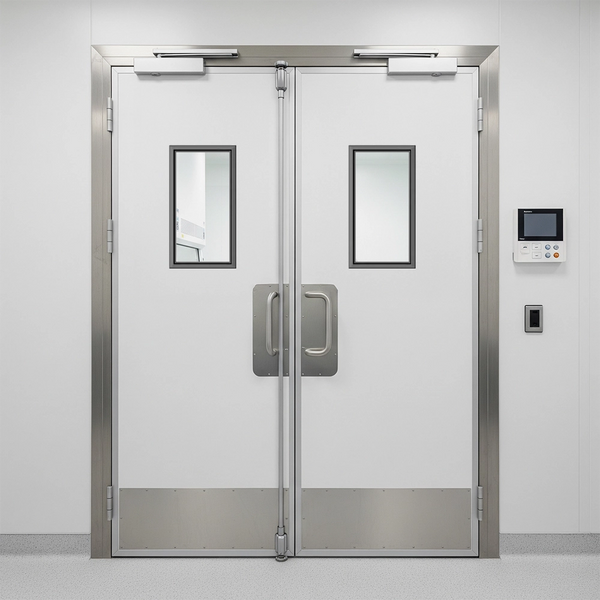Double white automatic doors with 26 3/4" x 14 1/2" cleanroom windows, stainless steel hardware, and a control panel, suitable for commercial or sterile environments.