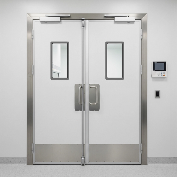 Double traffic doors with Garage Door Land 35 1/8" x 17 1/8" cleanroom windows, stainless steel hardware, and a control panel, suitable for commercial or sterile environments.