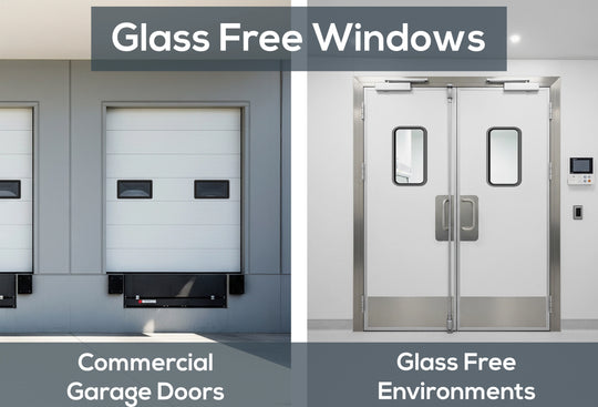 A comparison image from a door supplier. Left side features 'Commercial Garage Doors' with an image of a loading dock door. Right side features 'Glass Free Environments' with an image of sanitary double doors. The main headline is 'Glass Free Windows,' indicating this feature is available for both.