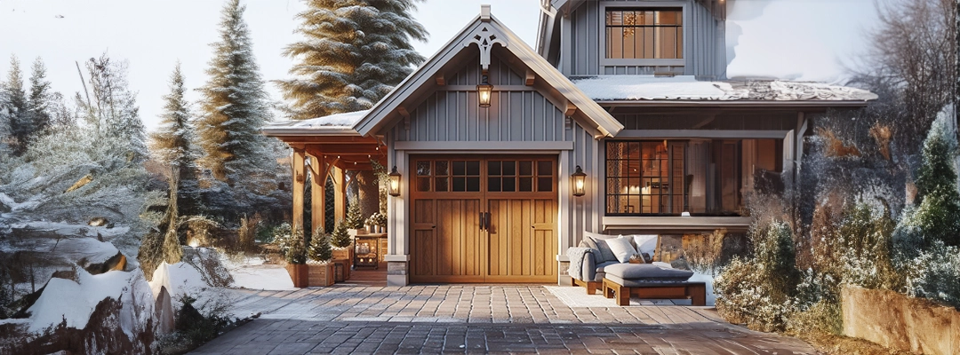 cozy home in the winter with a customized garage door