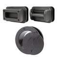 Set of garage door hardware including two types of handles and a round exhaust port, all in dark gray plastic.