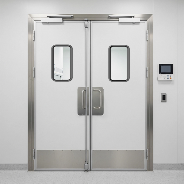 Double traffic doors with Garage Door Land 26 1/8" x 13 9/16"cleanroom windows, stainless steel hardware, and a control panel, suitable for commercial or sterile environments.
