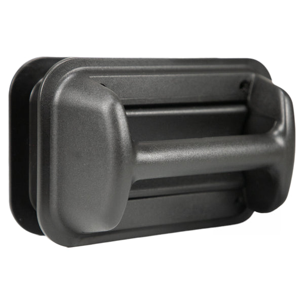 A heavy-duty, textured black plastic pull handle for a garage door, from Garage Door Land.