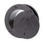 4.5-inch black garage door exhaust port (or vent) with hinged flap, showing the one-way valve opening. Designed for safely venting car, motorcycle, or lawnmower exhaust outside.