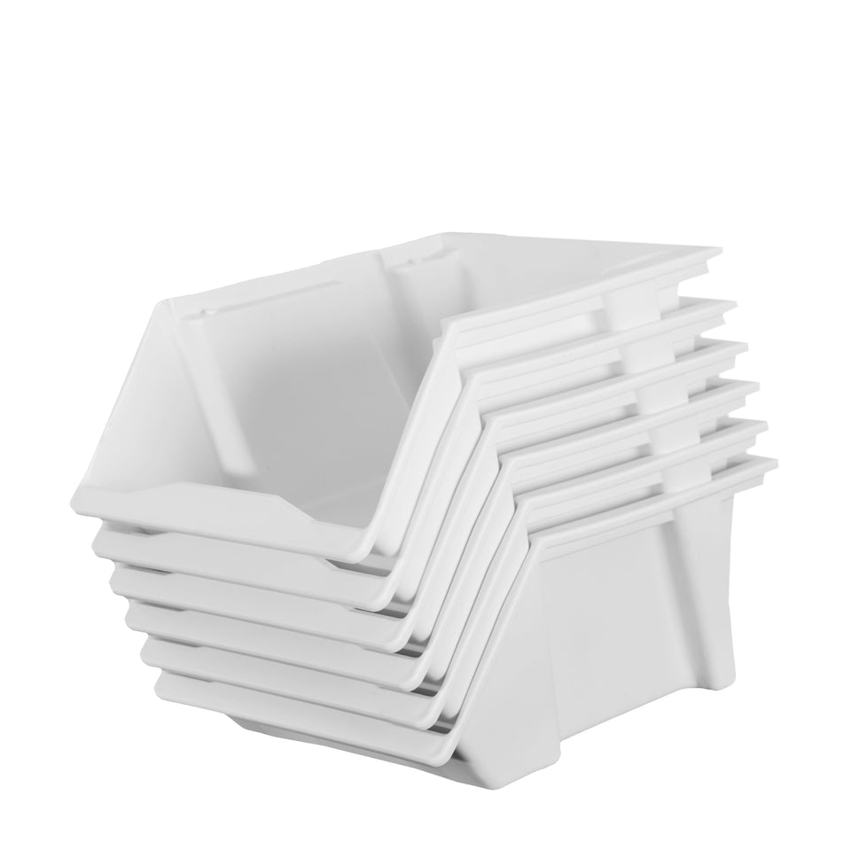 Six Boer Shelf Pack stackable bins stacked neatly into each other