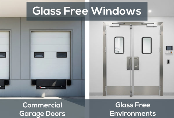 A comparison image from a door supplier. Left side features 'Commercial Garage Doors' with an image of a loading dock door. Right side features 'Glass Free Environments' with an image of sanitary double doors. The main headline is 'Glass Free Windows,' indicating this feature is available for both.