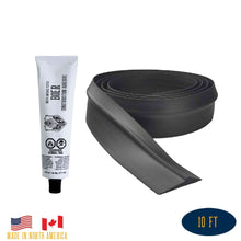 A coil of Boer Garage Guardian Threshold Seal 10 ft with 1 tube of Boer Construction Adhesive