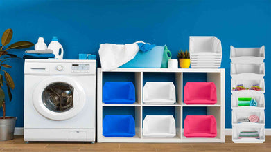 Boer Shelf Pack bins being used in various ways in a laundry room