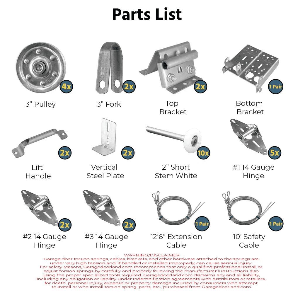 Garage Door Land Garage Door Hardware Kit Part List with disclaimer